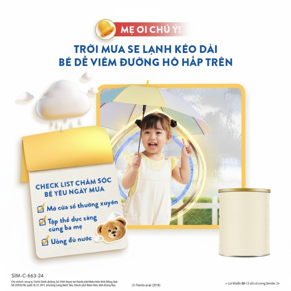 A 1:1 educational ad for Similac 2+ using a weather-related hook to introduce a health checklist for parents.